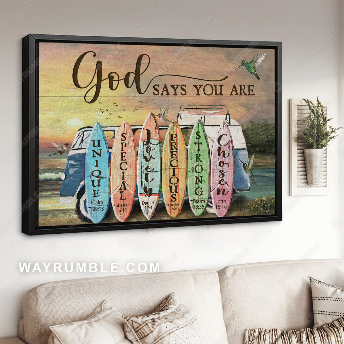 Colorful surfboard, Beautiful sunset, God says you are unique - Jesus Landscape Canvas Prints, Christian Wall Art