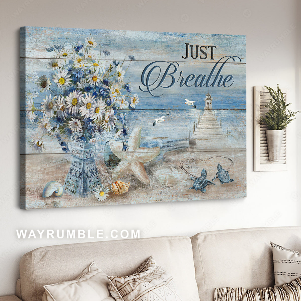 Blue ocean, Pretty daisy vase, Sea turtle, Light house, Just breathe - Jesus Landscape Canvas Prints, Christian Wall Art