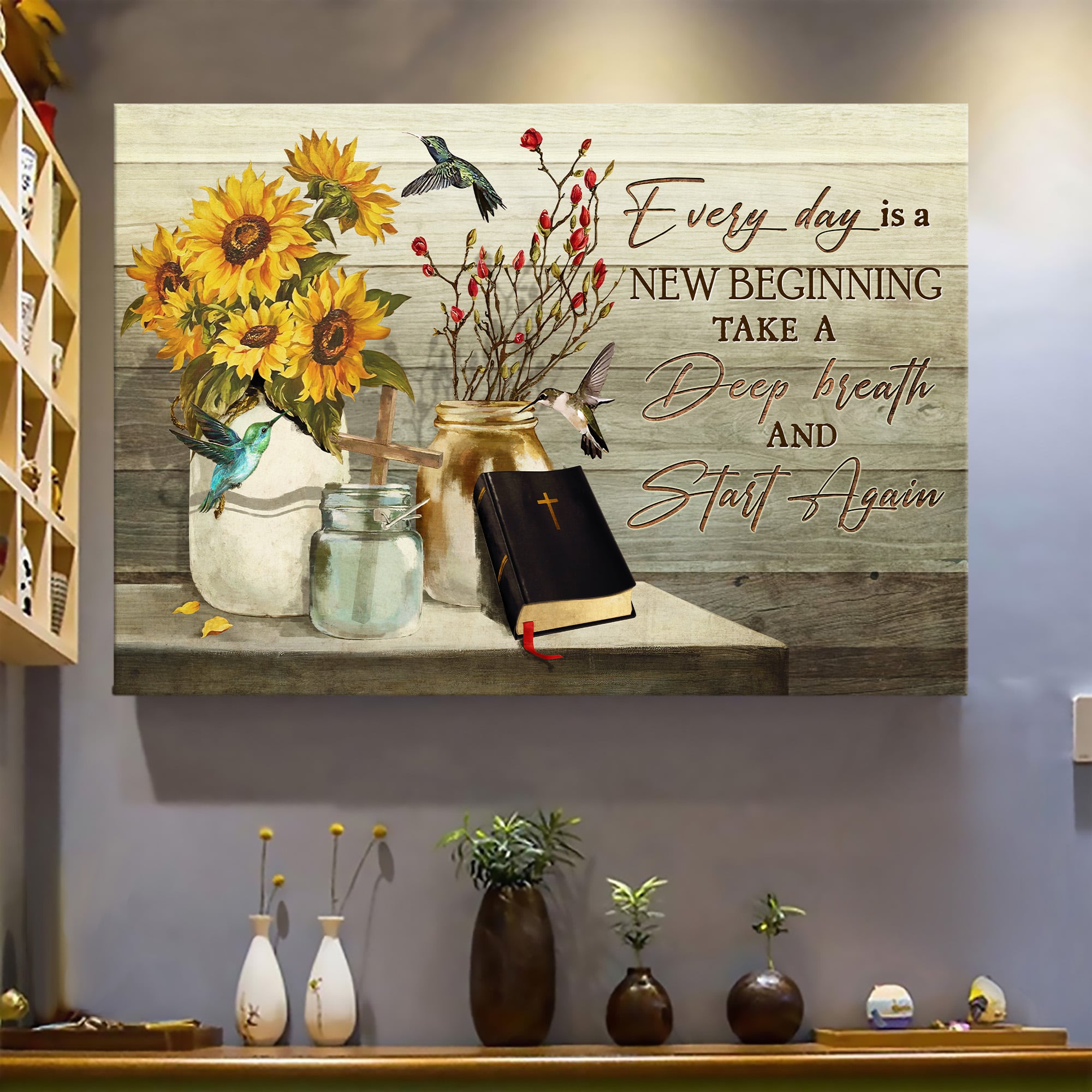 Sunflower painting, Wooden cross, Bible, Every day is a new beginning - Jesus Landscape Canvas Prints - Wall Art