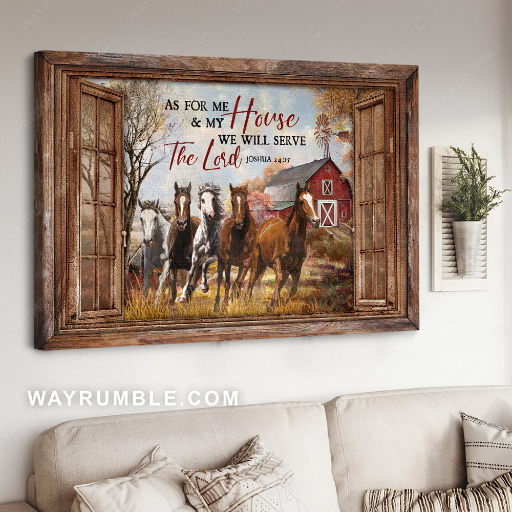 Happy farm, Running horse, Meadow land, We will serve the Lord - Jesus Landscape Canvas Prints, Christian Wall Art