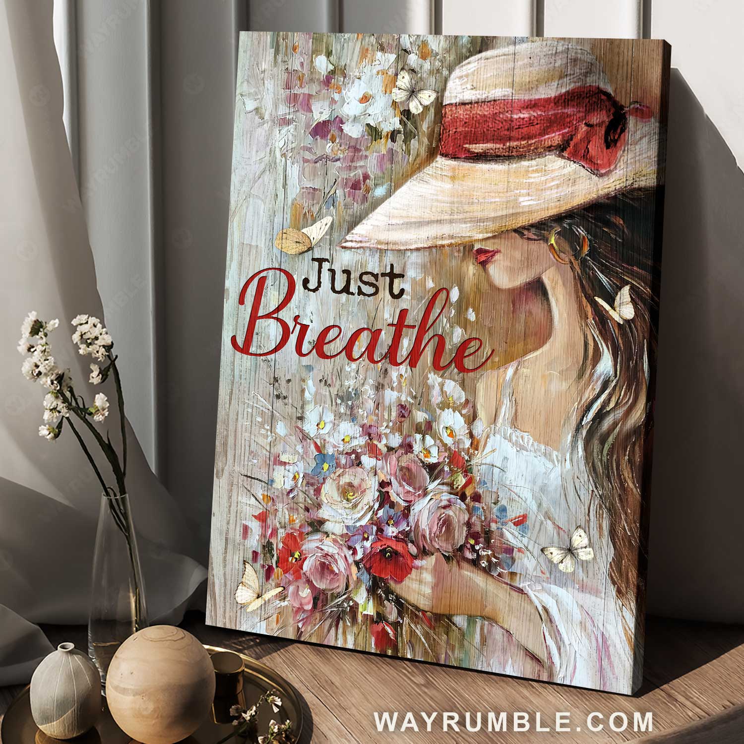 Watercolor girl, Colorful flower, Pretty hat, White butterfly, Just breathe - Jesus Portrait Canvas Prints, Home Decor Wall Art