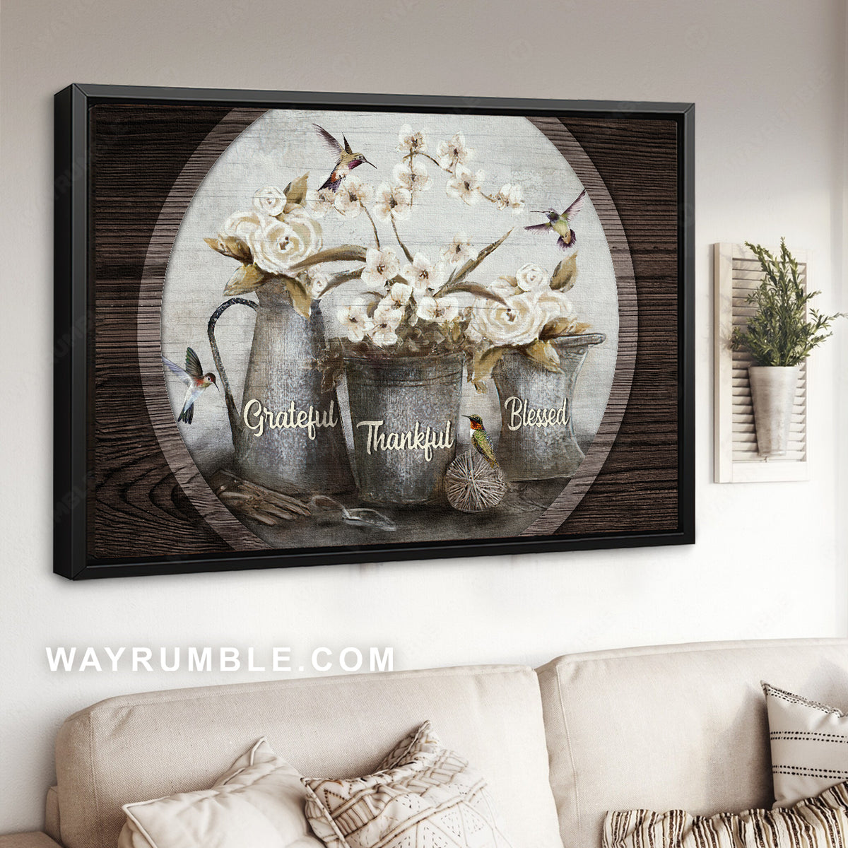 White flower vase, Circle frame, Hummingbird drawing, Grateful - Jesus Landscape Canvas Prints, Christian Wall Art