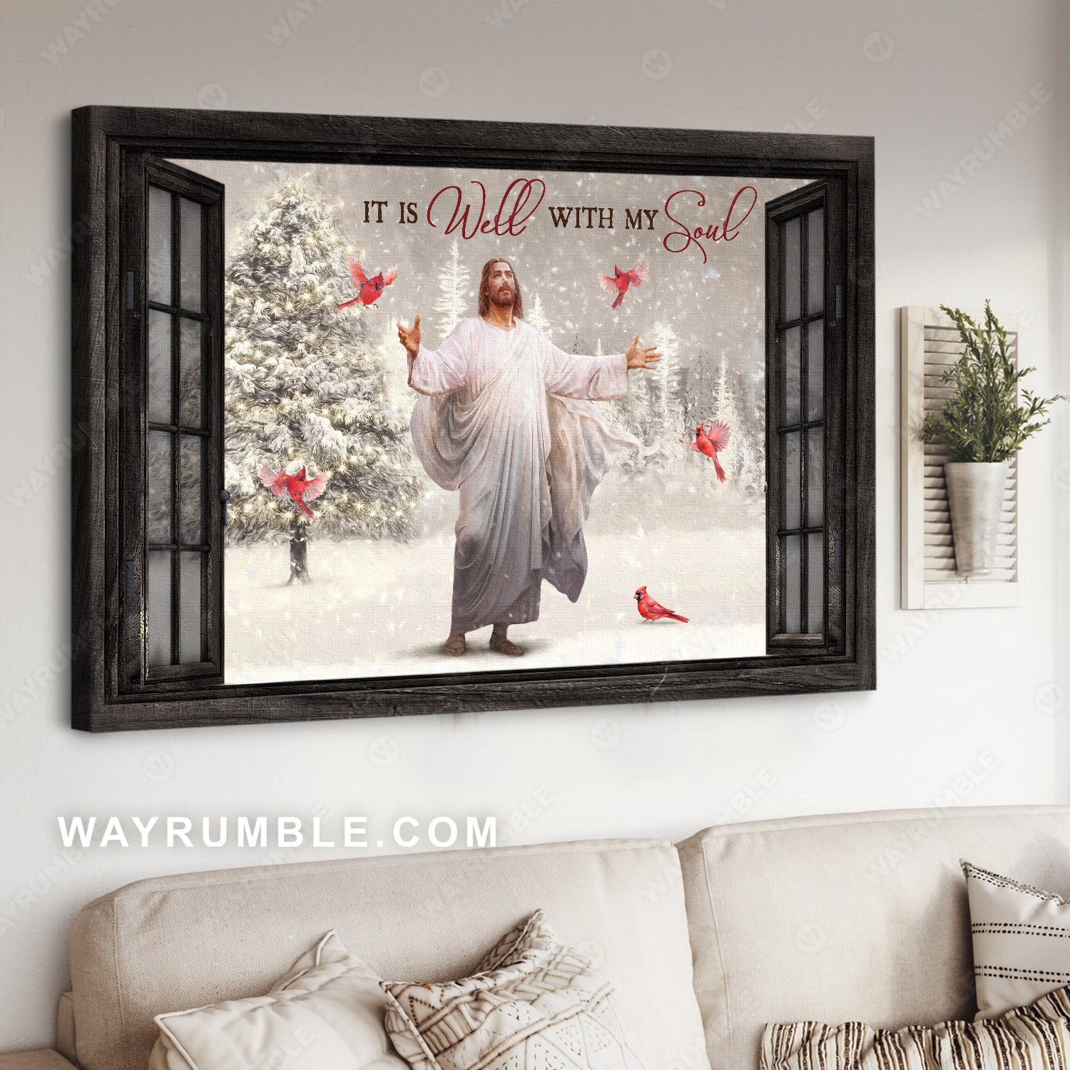 Watercolor Jesus painting, Red cardinal, Winter forest, It is well with my soul - Jesus Landscape Canvas Prints, Home Decor Wall Art