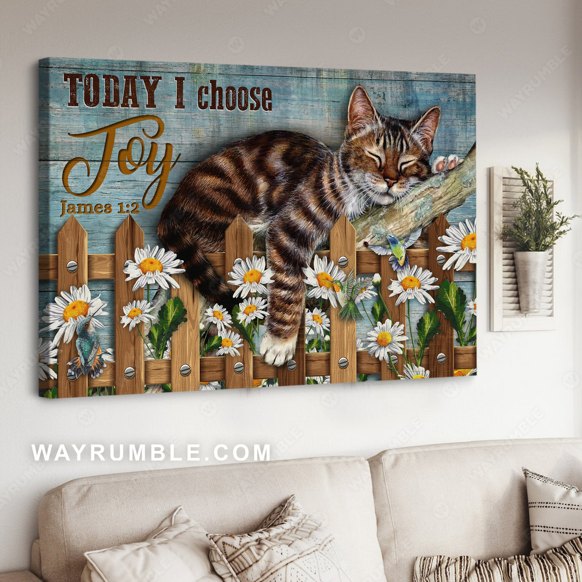 Sleeping cat, Daisy garden, Brown fence, Today I choose joy - Jesus Landscape Canvas Prints, Christian Wall Art