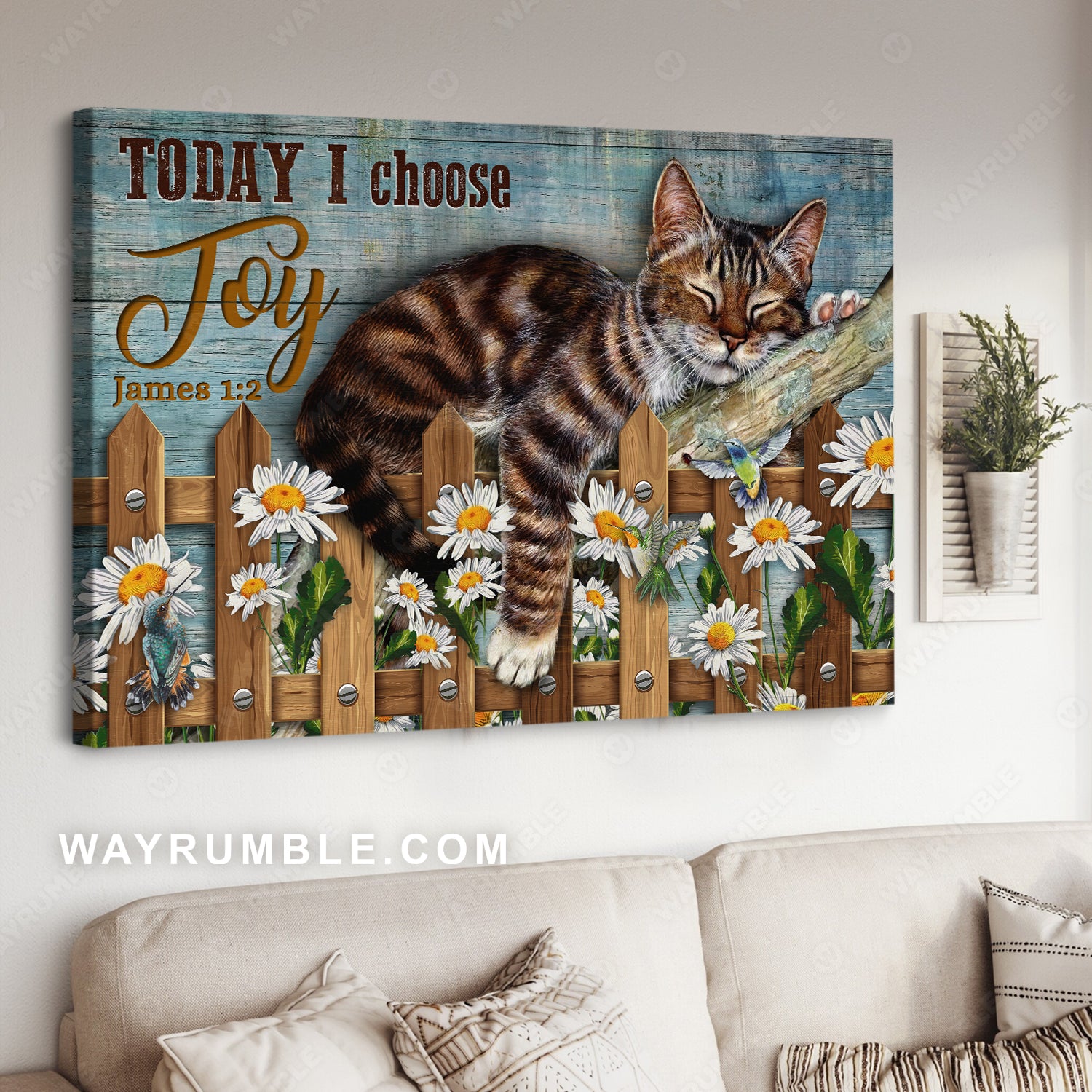 Sleeping cat, Daisy garden, Brown fence, Today I choose joy - Jesus Landscape Canvas Prints, Christian Wall Art