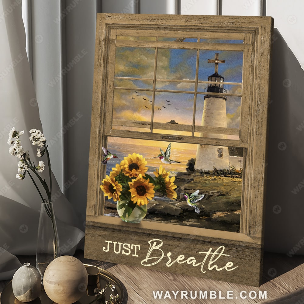 Lighthouse drawing, Beach painting, Sunflower, Hummingbird, Just breathe - Jesus Portrait Canvas Prints, Christian Wall Art