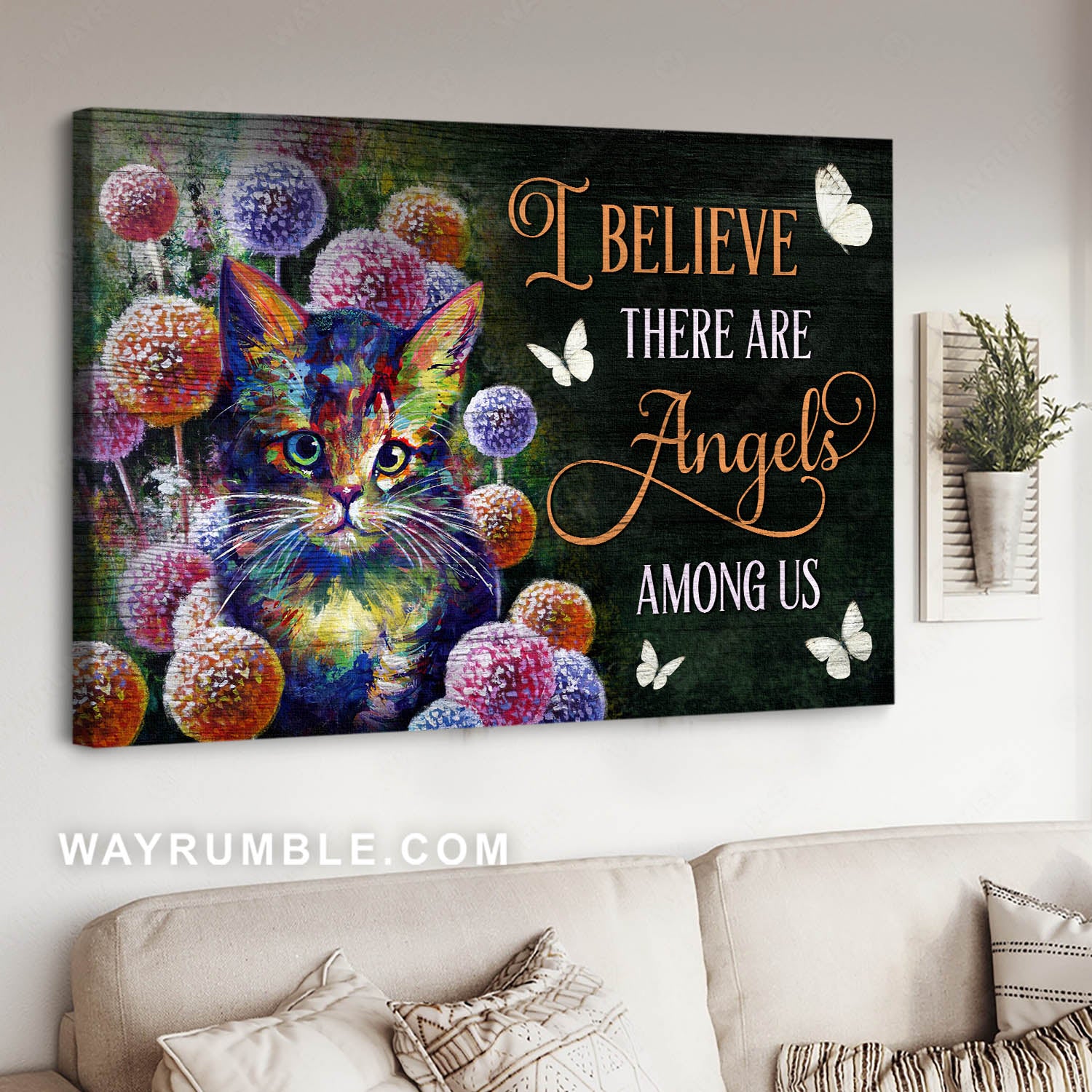 Tabby cat, Dandelion, Colorful painting, I believe there are angles among us - Jesus Landscape Canvas Prints, Christian Wall Art