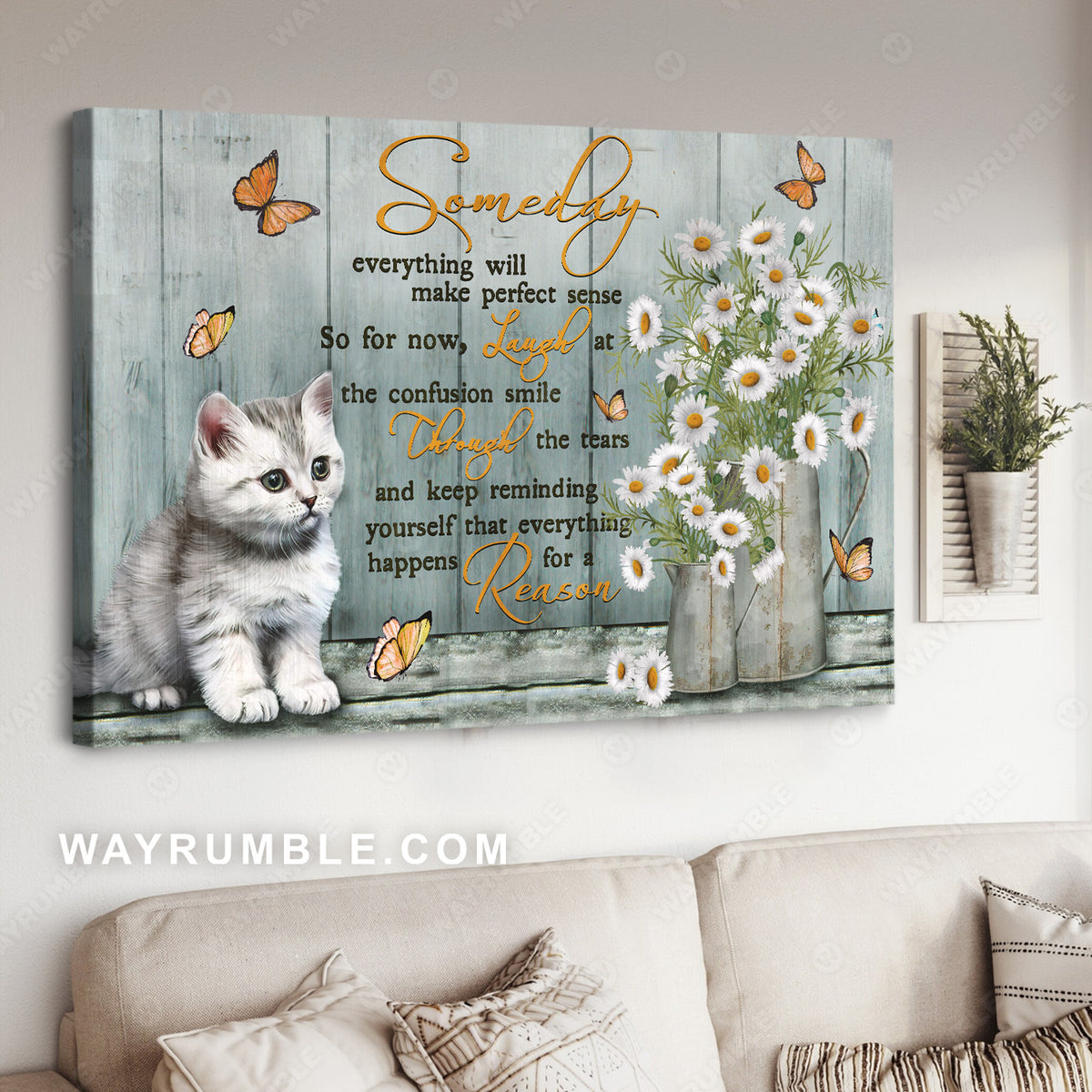 White cat, Pretty daisy vase, Someday everything will make perfect sense - Jesus Landscape Canvas Prints, Christian Wall Art