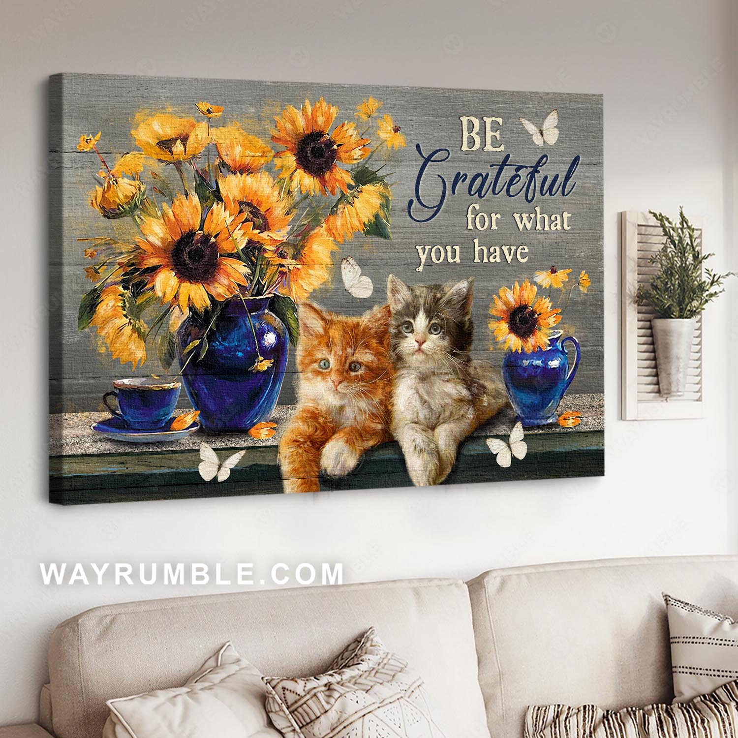 Sunflower painting, Cute kitty, Sapphire blue, Be grateful for what you have - Jesus Landscape Canvas Prints, Christian Wall Art