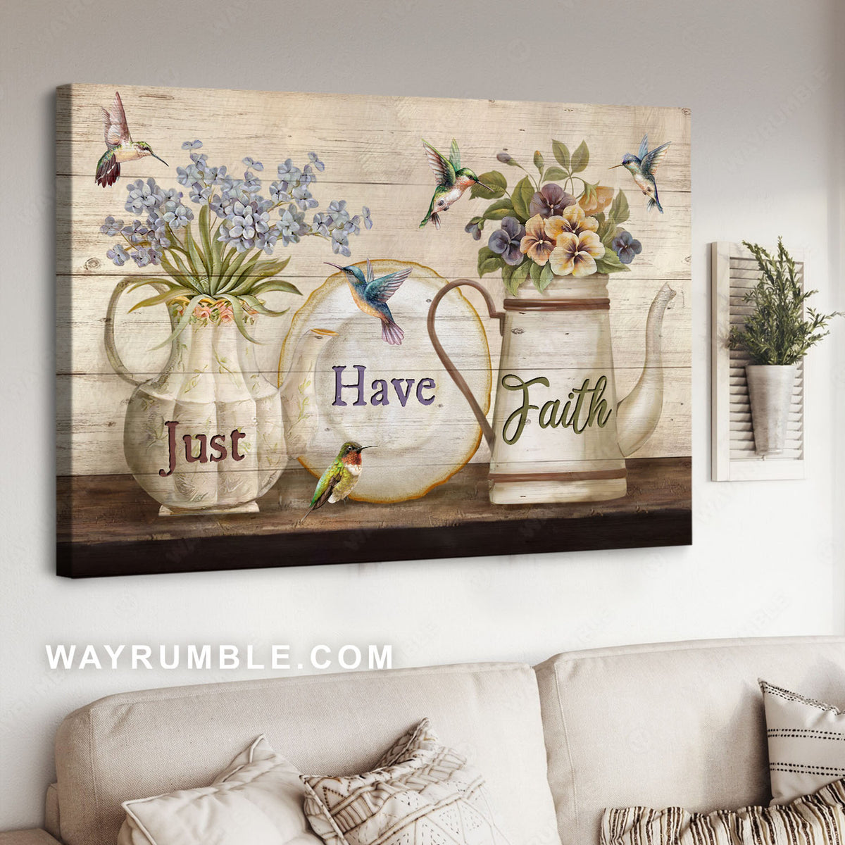 Blue small flowers, Oval plate, Hummingbirds, Just have faith - Jesus Landscape Canvas Prints, Christian Wall Art