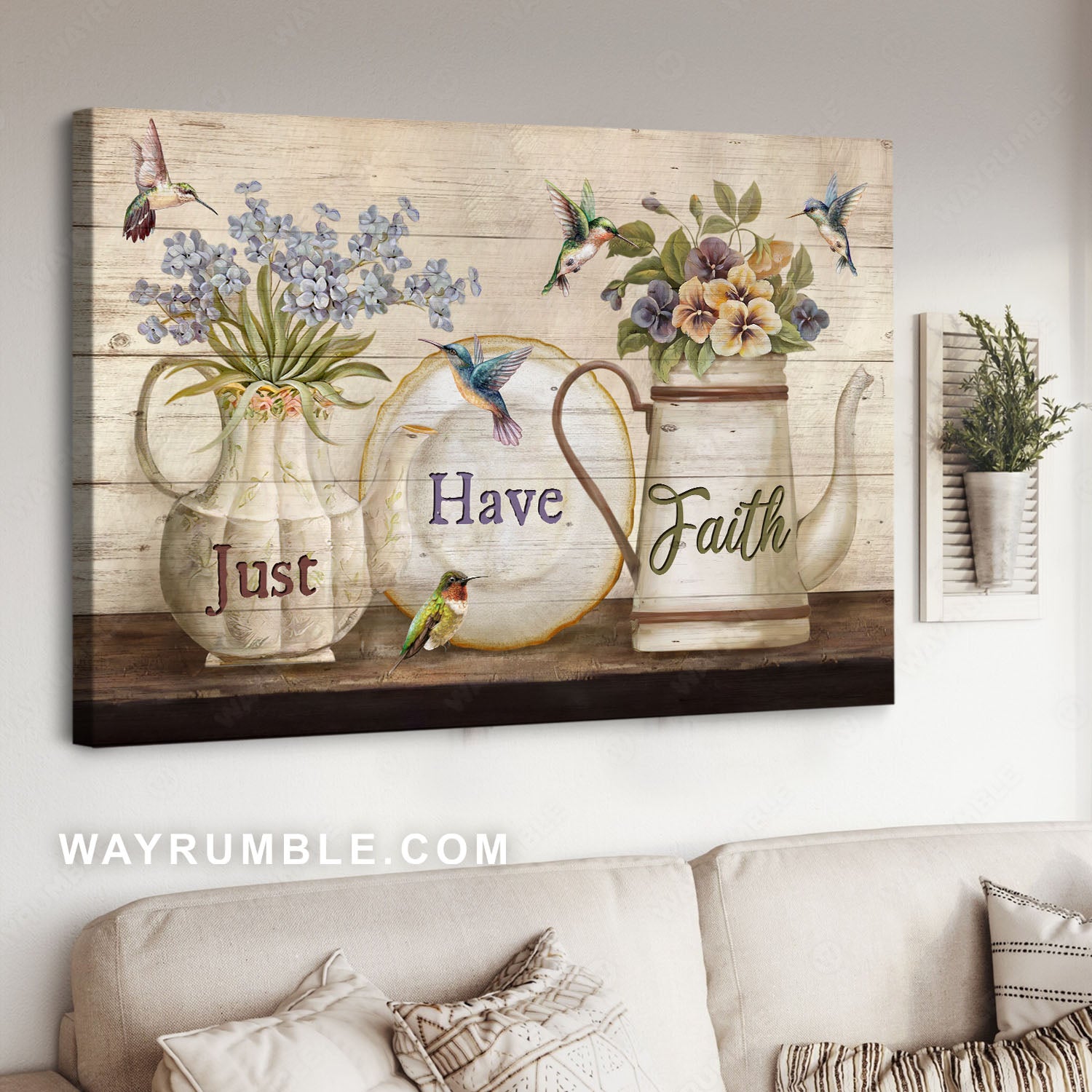 Blue small flowers, Oval plate, Hummingbirds, Just have faith - Jesus Landscape Canvas Prints, Christian Wall Art