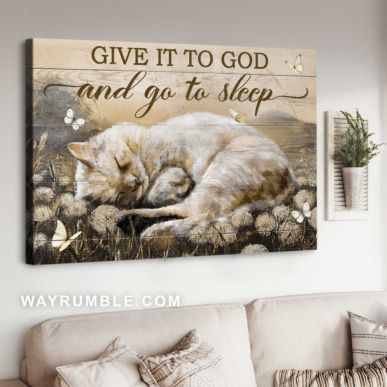 Dandelion field painting, Sleeping cat, Give it to God and go to sleep - Jesus Landscape Canvas Prints, Home Decor Wall Art