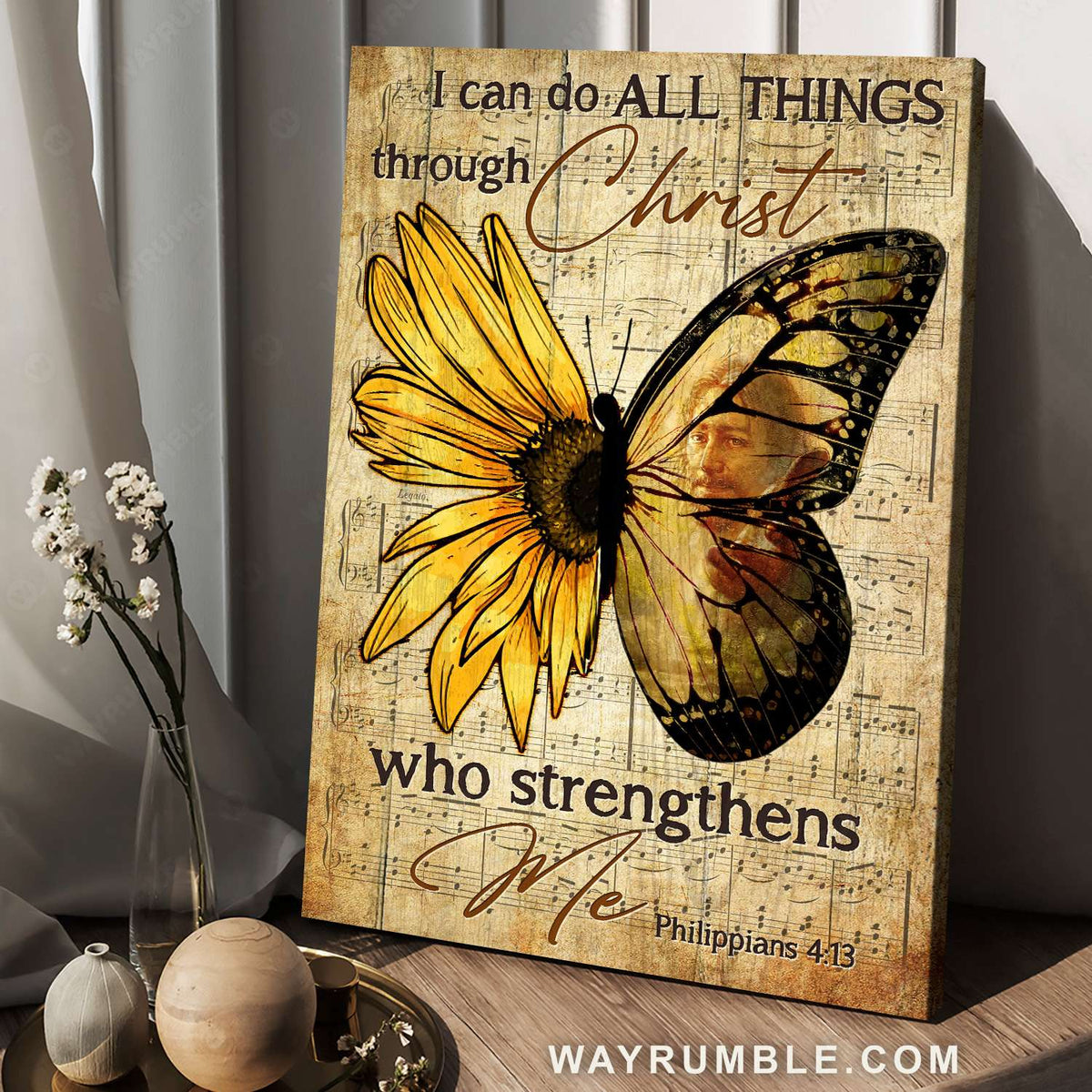 Butterfly wings, Sunflower pattern, Jesus help me, I can do all things - Jesus Portrait Canvas Prints, Christian Wall Art