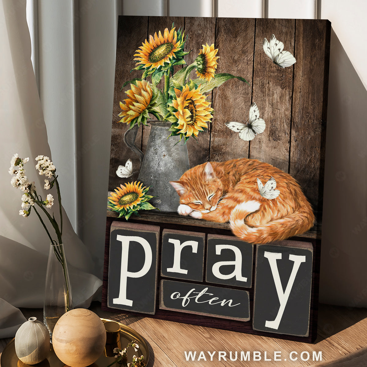 Sleeping cat, Sunflower vase, Pray often - Jesus Portrait Canvas Prints, Christian Wall Art