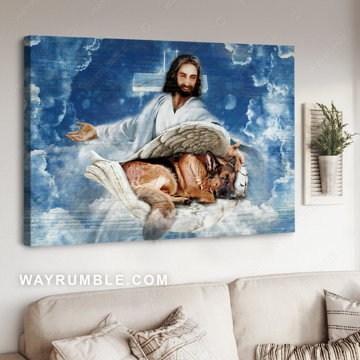 Sleeping German shepherd, Angel wings, Walking with Jesus - Jesus Landscape Canvas Prints, Christian Wall Art