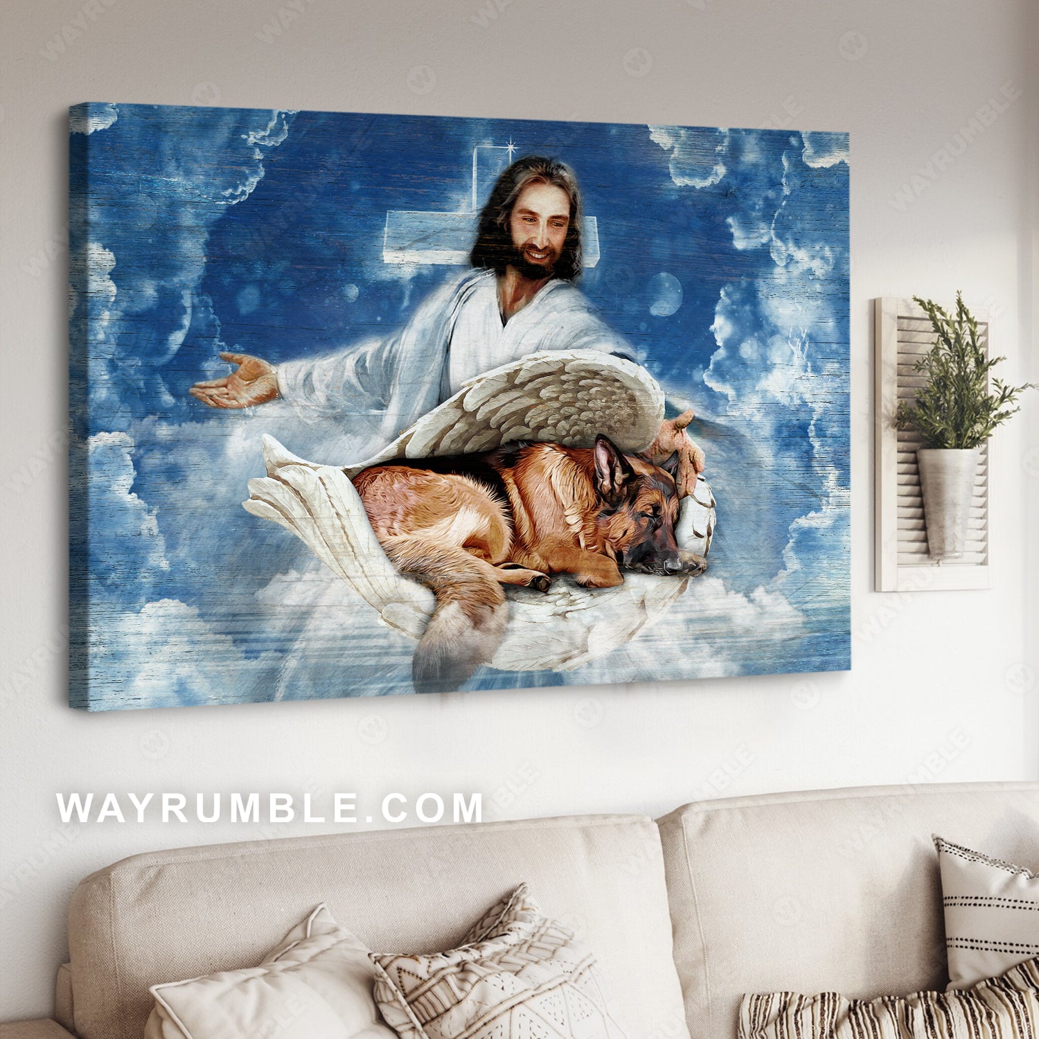 Sleeping German shepherd, Angel wings, Walking with Jesus - Jesus Landscape Canvas Prints, Christian Wall Art