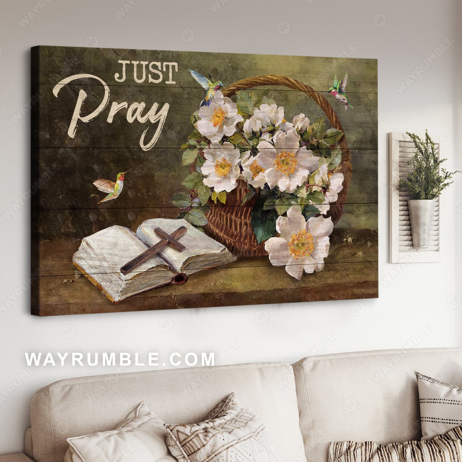 Beautiful jasmine, Wooden cross, Colorful hummingbird, Just breathe - Jesus Landscape Canvas Prints, Home Decor Wall Art