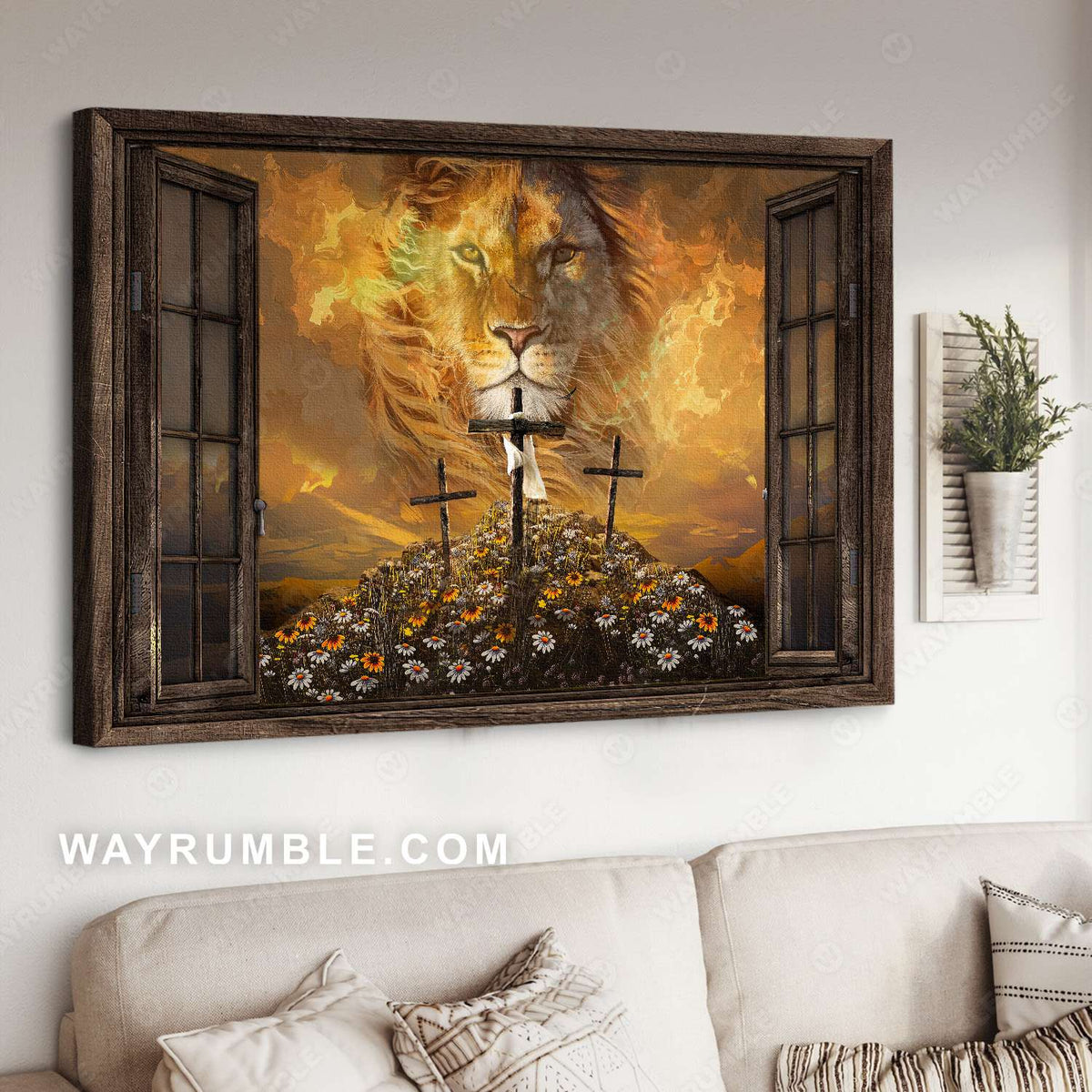 King of Kings, Lion drawing, Daisy field, Cross symbol - Jesus Landscape Canvas Prints, Christian Wall Art