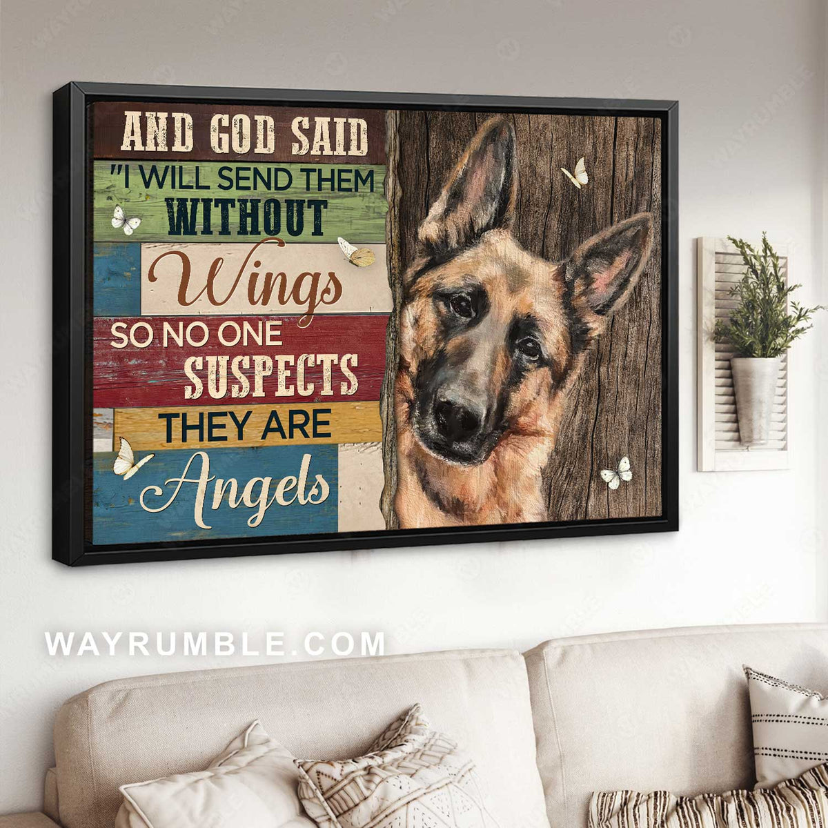 Stunning German Shepherd, Butterfly drawing, I will send them without wings - Jesus Landscape Canvas Prints, Home Decor Wall Art