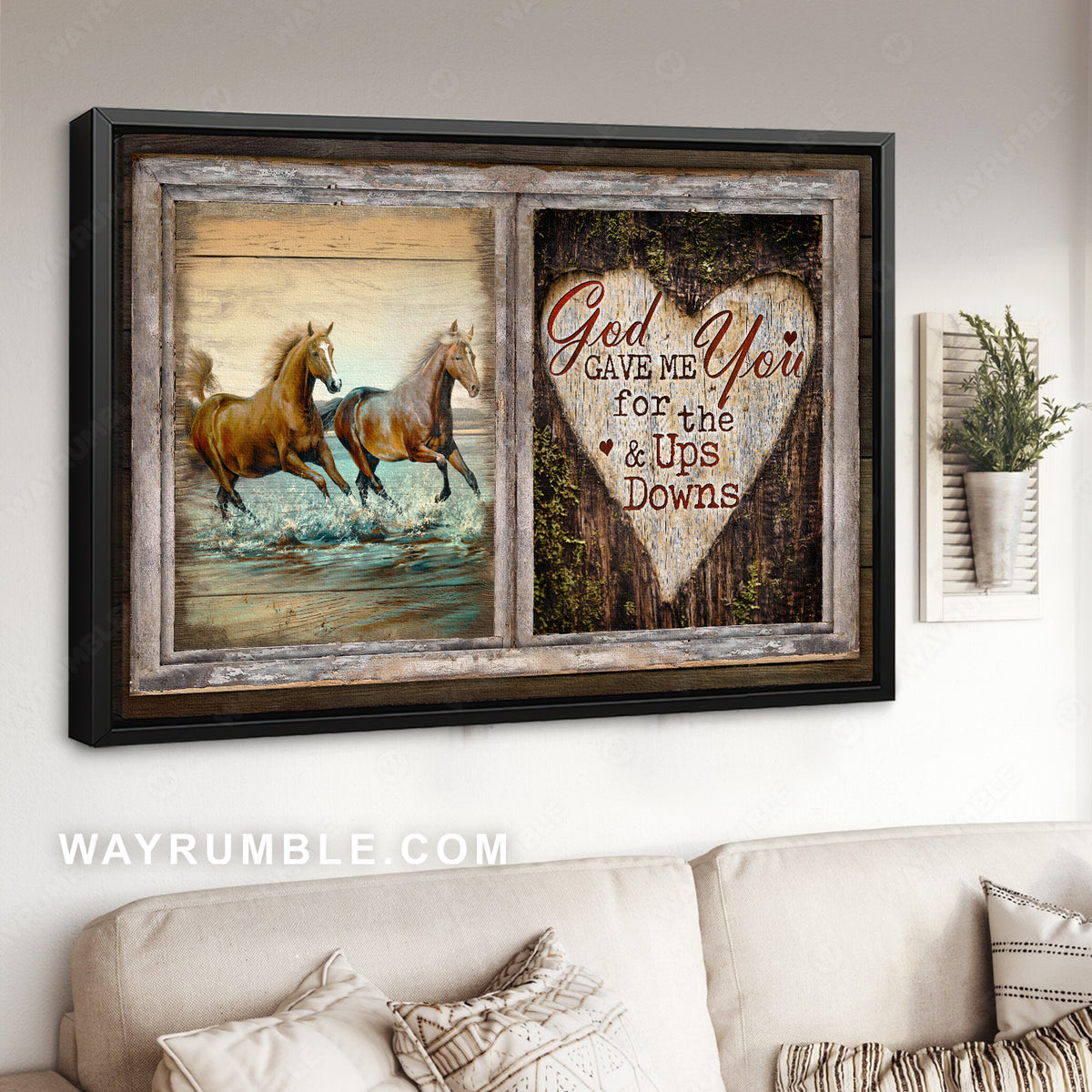 Crazy horses, Blue ocean, Heart shape, God gave me you for the ups and downs - Jesus Landscape Canvas Prints, Christian Wall Art