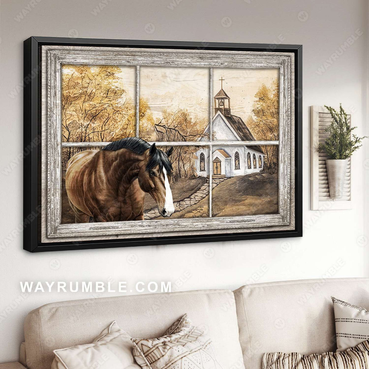 Small church, Horse drawing, Autumn forest, Window frame, A beautiful day - Jesus Landscape Canvas Prints, Wall Art