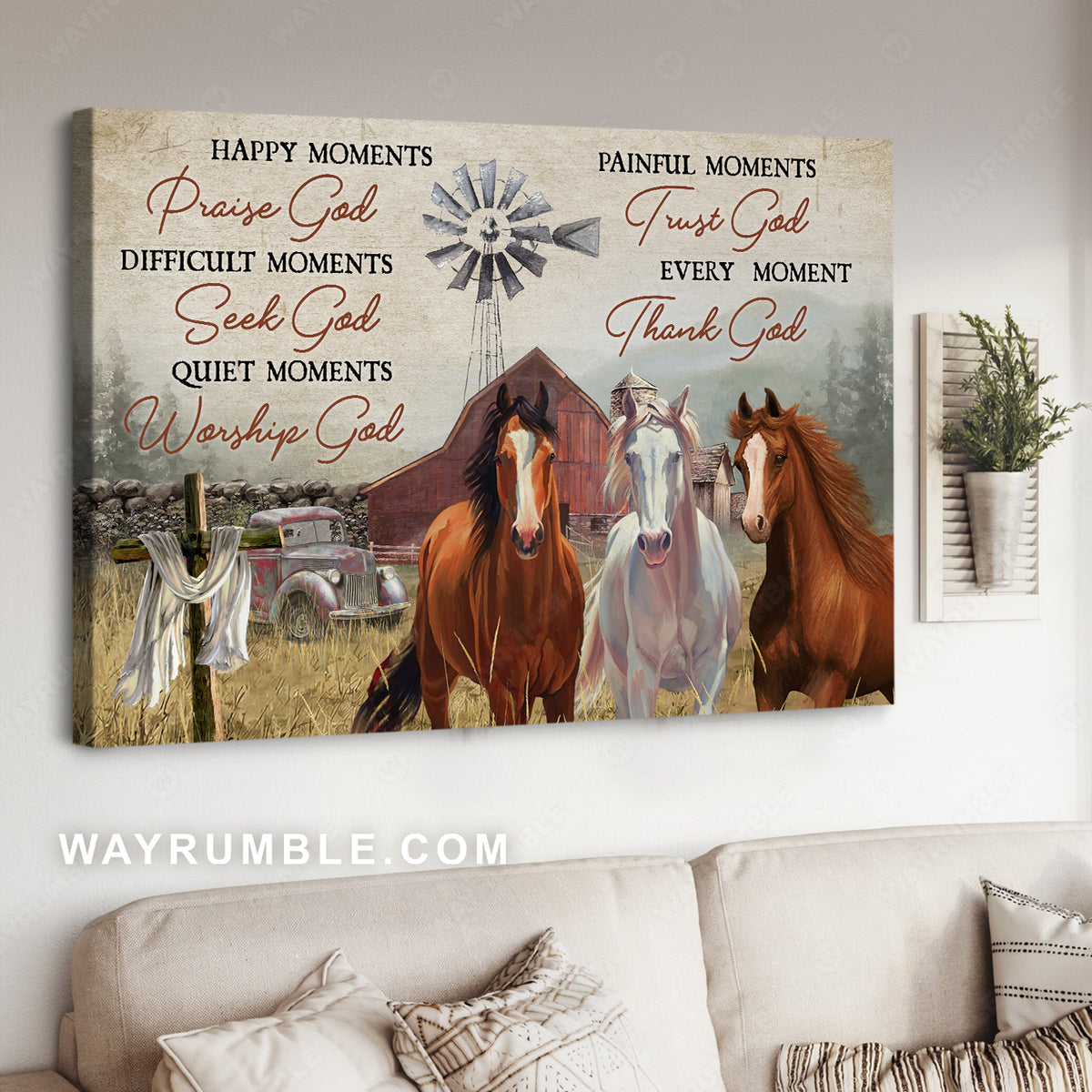 Horse farm, Easter cross, Old windmill, Every moment thank God - Jesus Landscape Canvas Prints, Christian Wall Art