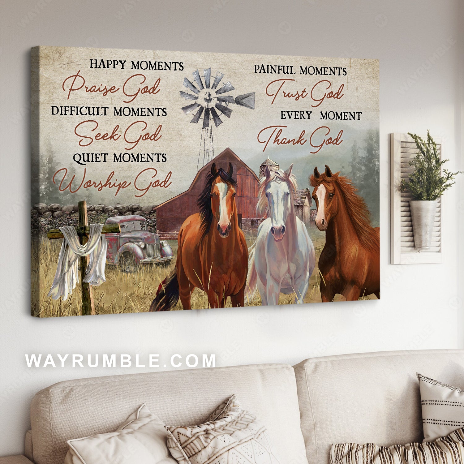 Horse farm, Easter cross, Old windmill, Every moment thank God - Jesus Landscape Canvas Prints, Christian Wall Art