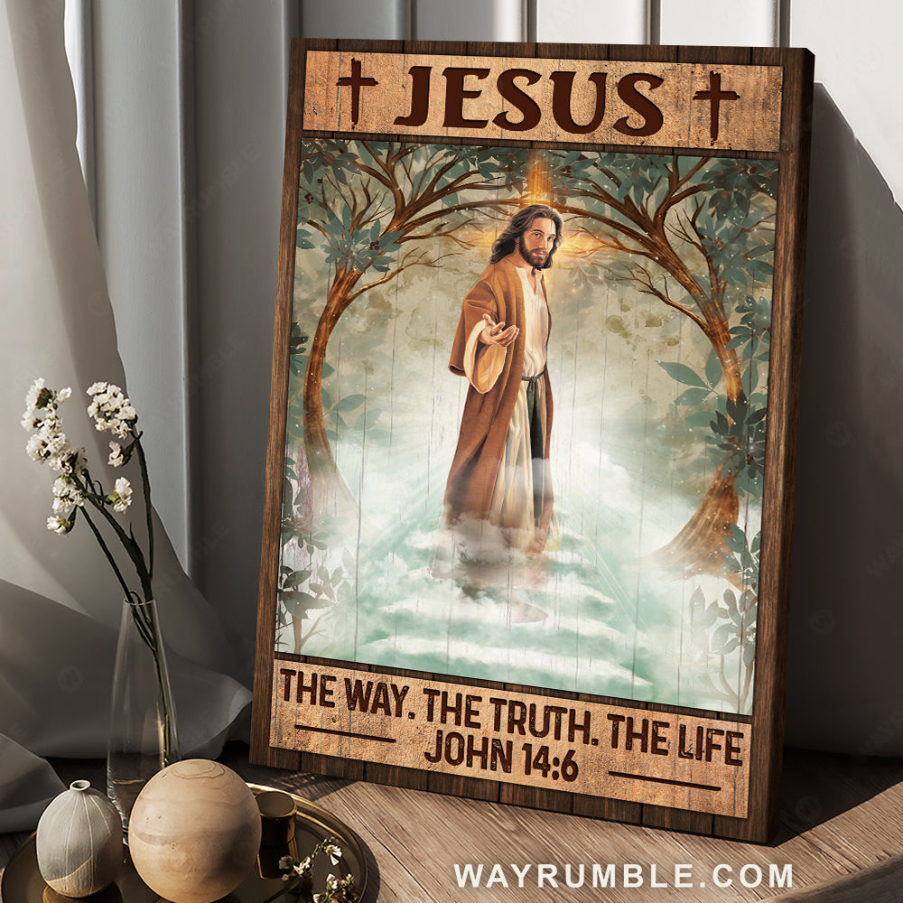 Walking with Jesus, Green forest, Cross, Jesus, The way, The truth, The life - Jesus Portrait Canvas Prints, Christian Wall Art