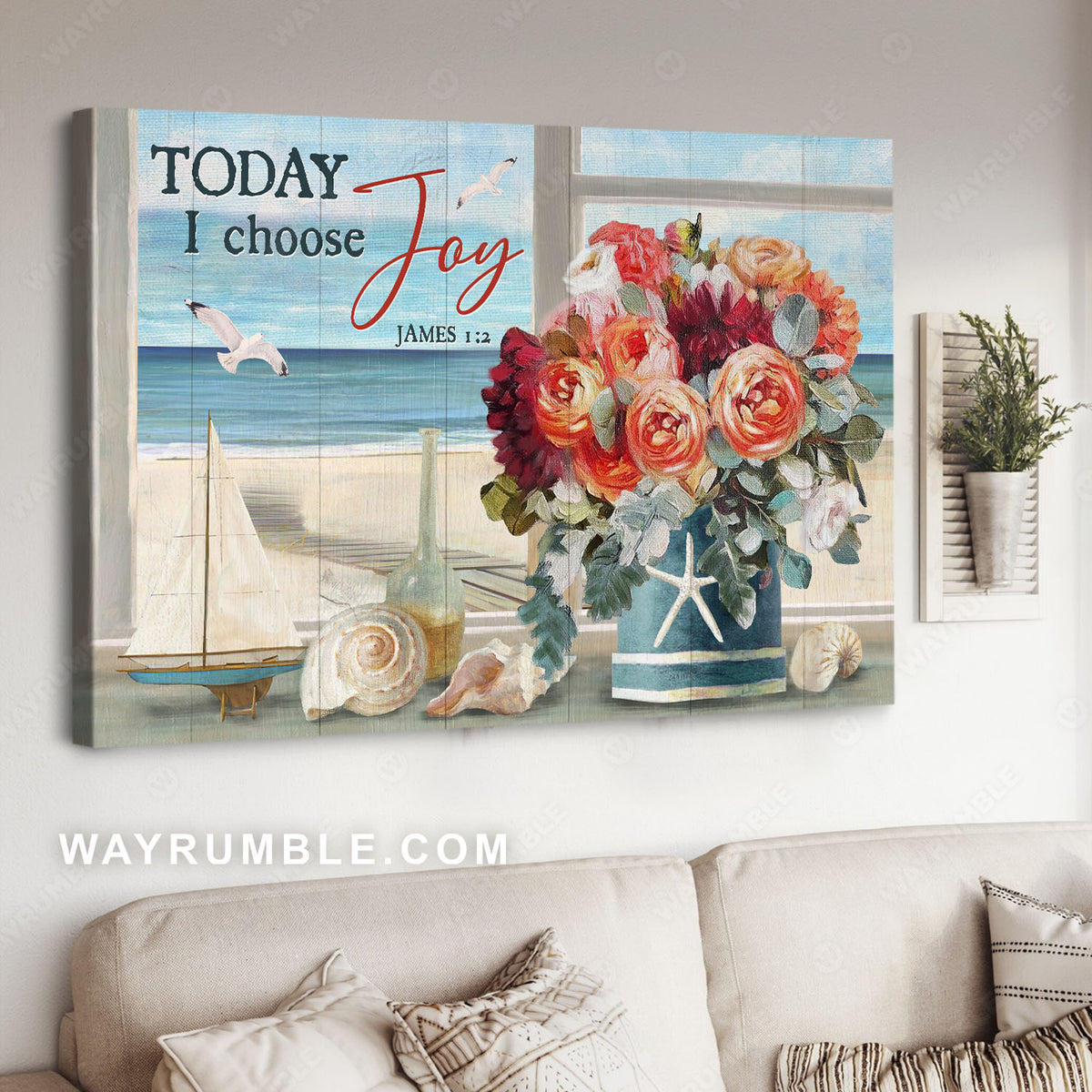 Ocean view, Orange rose vase, Seagull, Today I choose joy - Jesus Landscape Canvas Prints, Christian Wall Art