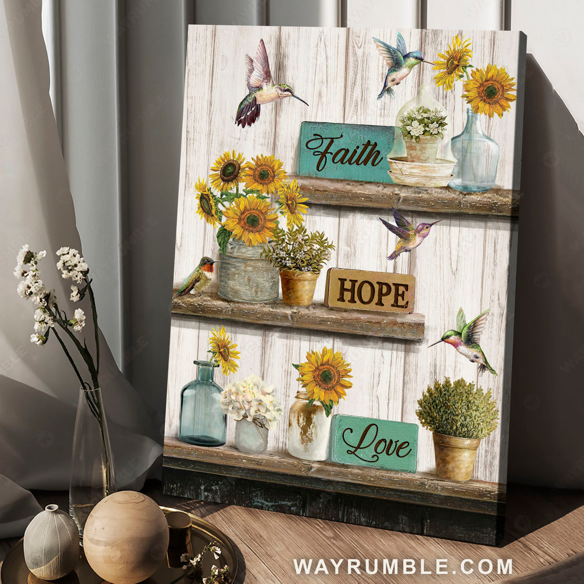Plant vase, Sunflower mason jar, Hummingbirds, Faith hope love - Jesus Portrait Canvas Prints, Christian Wall Art