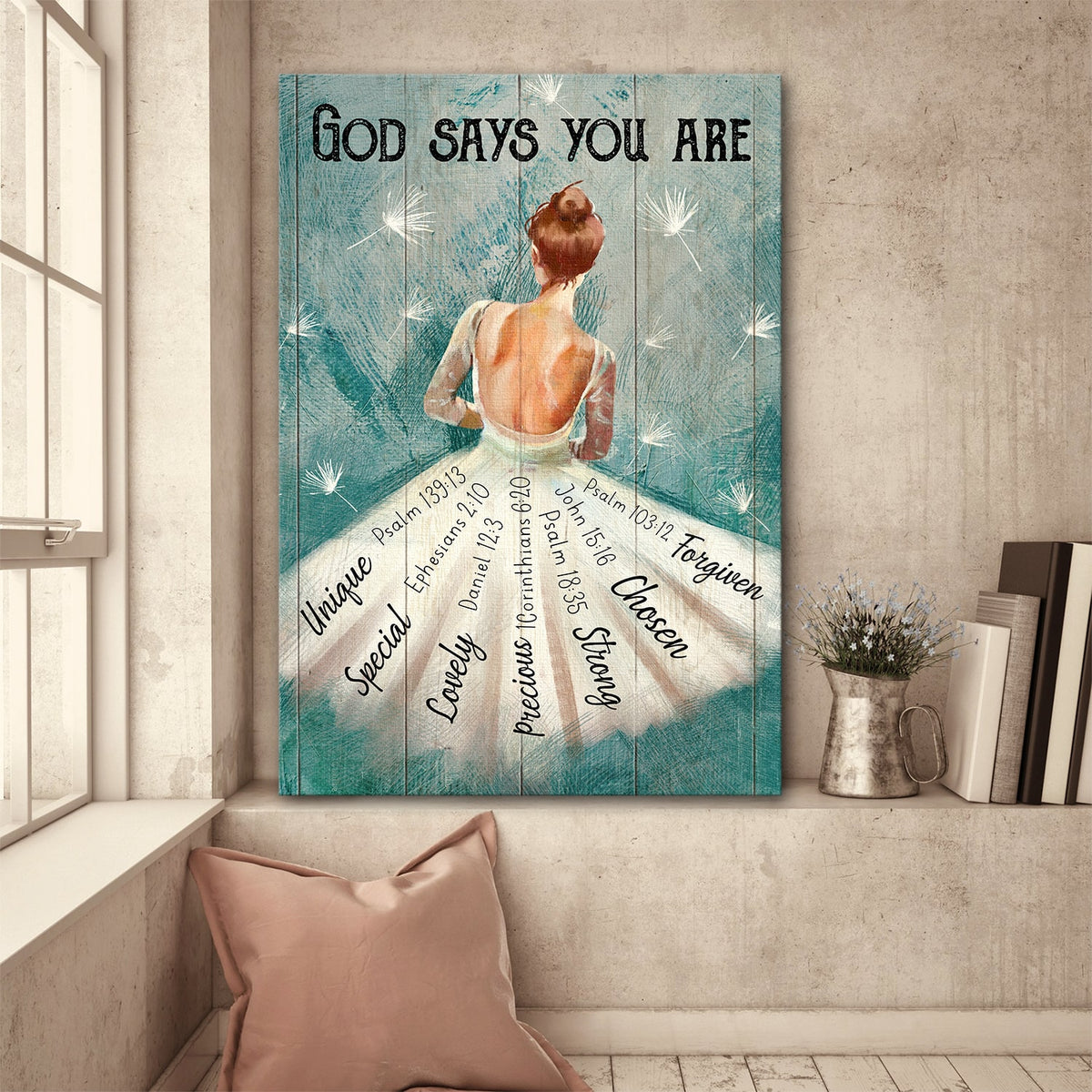 Ballerina painting, White dandelion, God says you are - Jesus Portrait Canvas Prints Wall Art