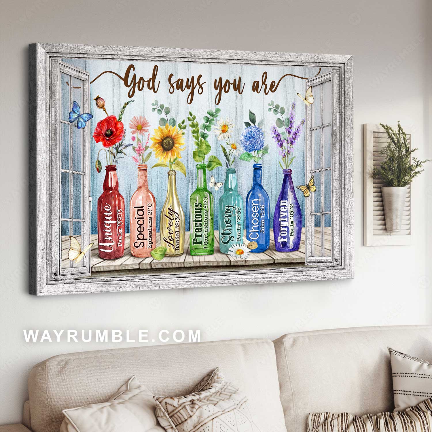Beautiful flowers, Rainbow color, Colored glass bottles, God says you are unique - Jesus Landscape Canvas Prints, Christian Wall Art