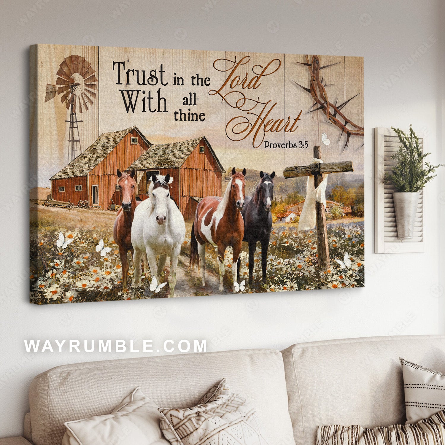 Watercolor horse, Daisy field, Cross symbol, Trust in the Lord - Jesus Landscape Canvas Prints, Christian Wall Art