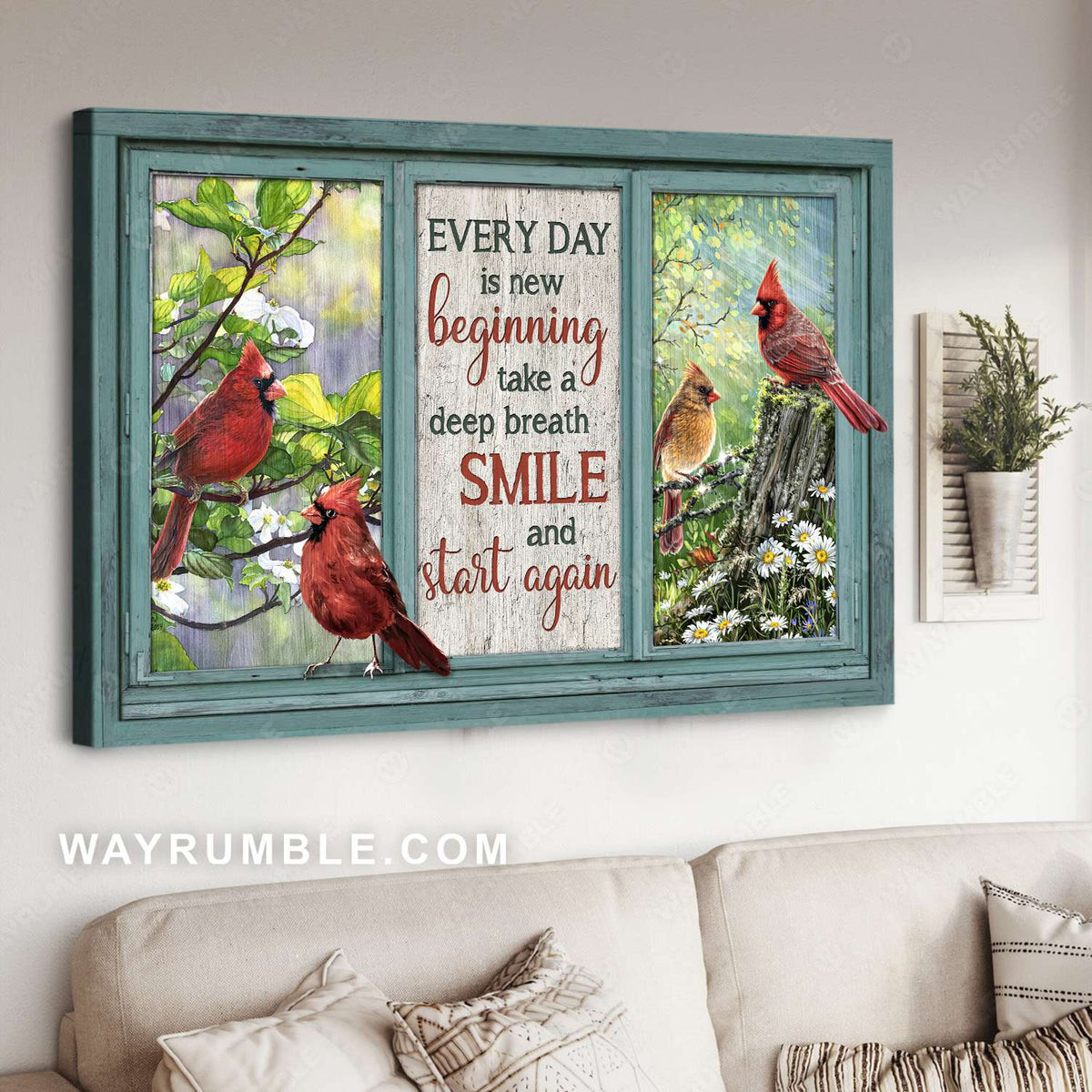 Red cardinals, Daisy garden, Wooden window, Every day is new beginning- Jesus Landscape Canvas Prints, Christian Wall Art