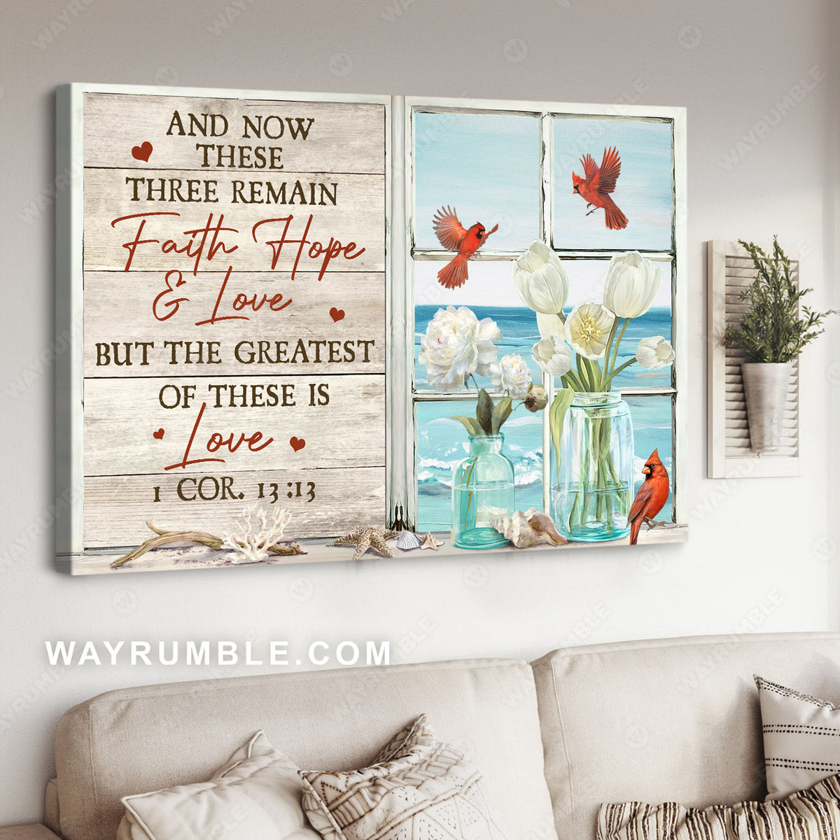 White flower, Northern cardinal, Blue beach, But the greatest of these is love - Jesus Landscape Canvas Prints, Christian Wall Art