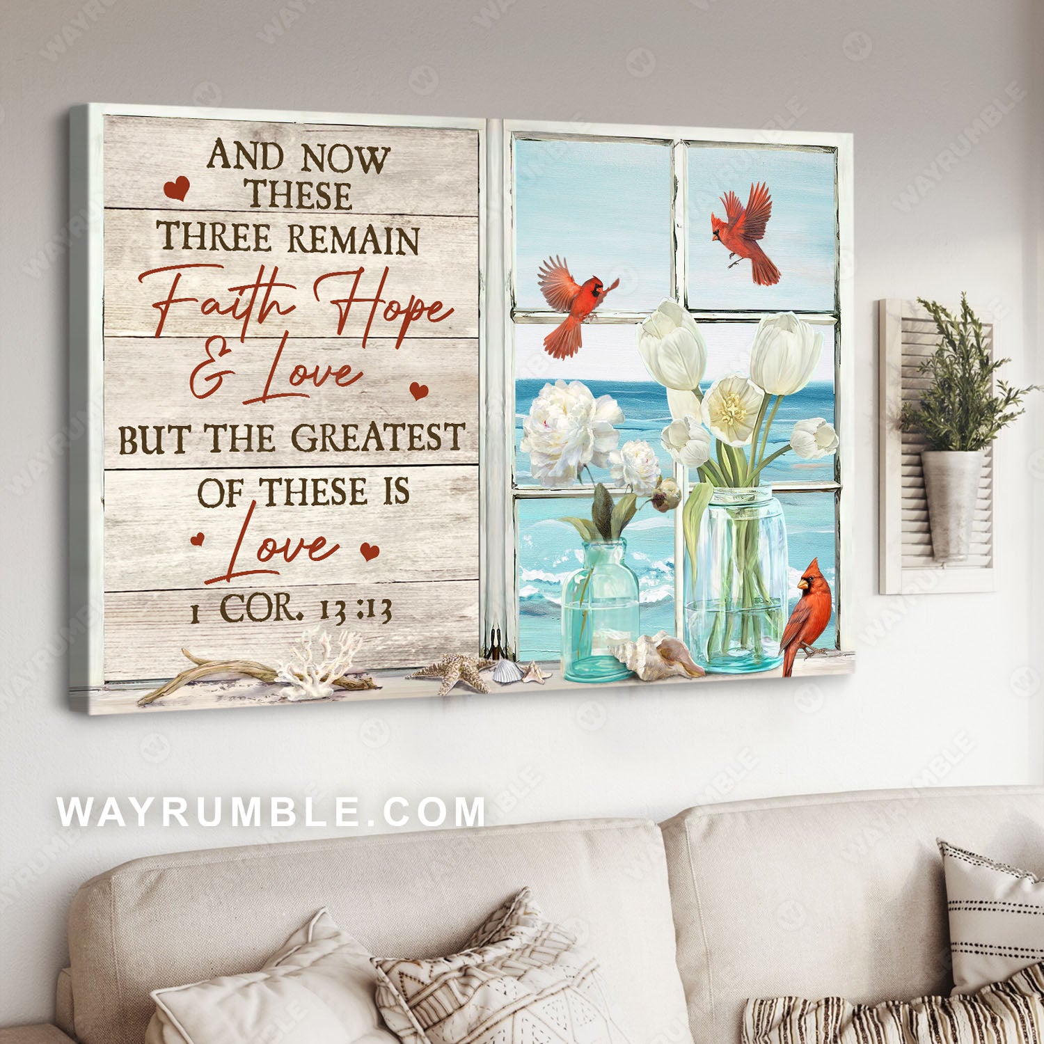 White flower, Northern cardinal, Blue beach, But the greatest of these is love - Jesus Landscape Canvas Prints, Christian Wall Art