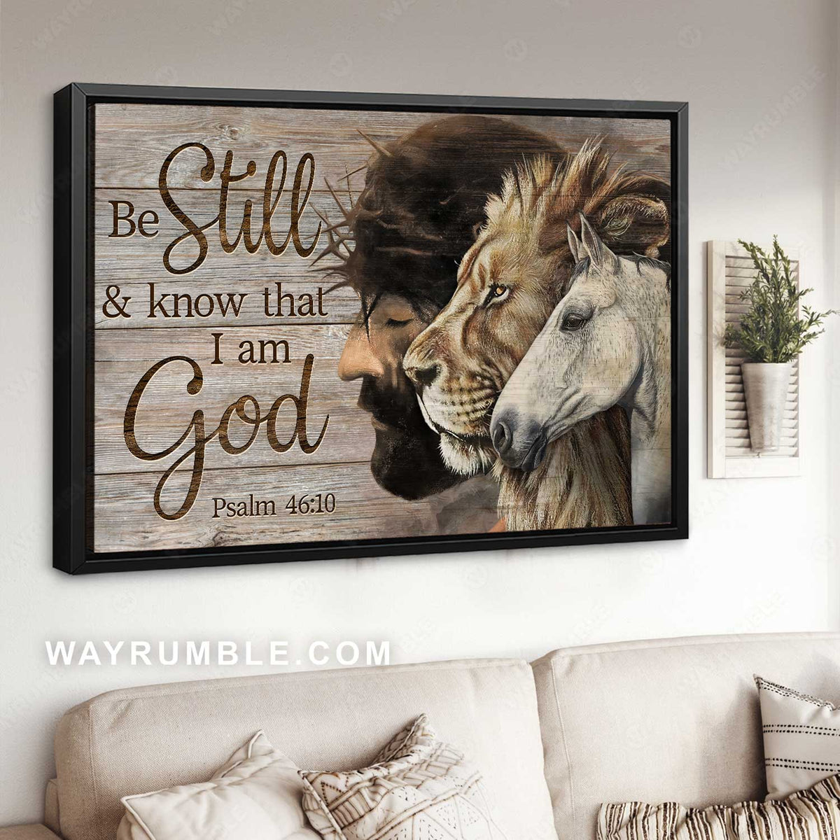 Animal with Jesus, Lion painting, Little horse, Be still and know that I am God - Jesus Landscape Canvas Prints, Home Decor Wall Art