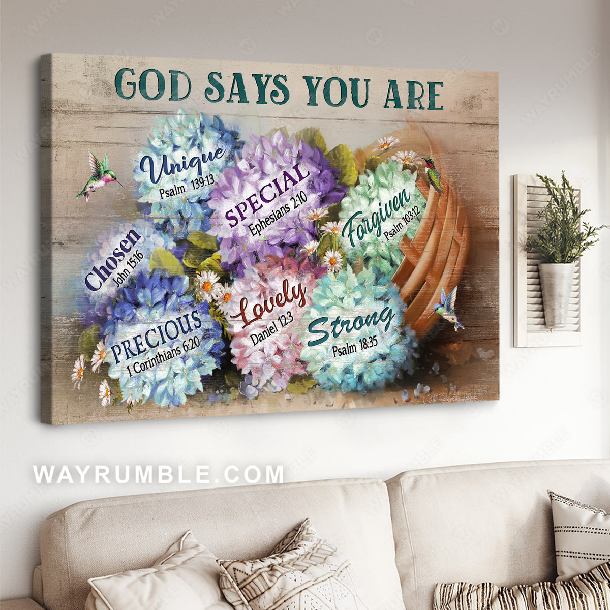 Pretty hydrangeas, Rattan basket, Hummingbird, God says you are unique - Jesus Landscape Canvas Prints, Christian Wall Art