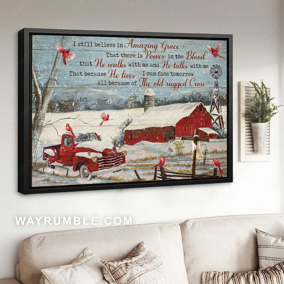 Lovely countryside, Winter drawing, Cardinal, I still believe in amazing grace - Jesus Landscape Canvas Prints, Home Decor Wall Art