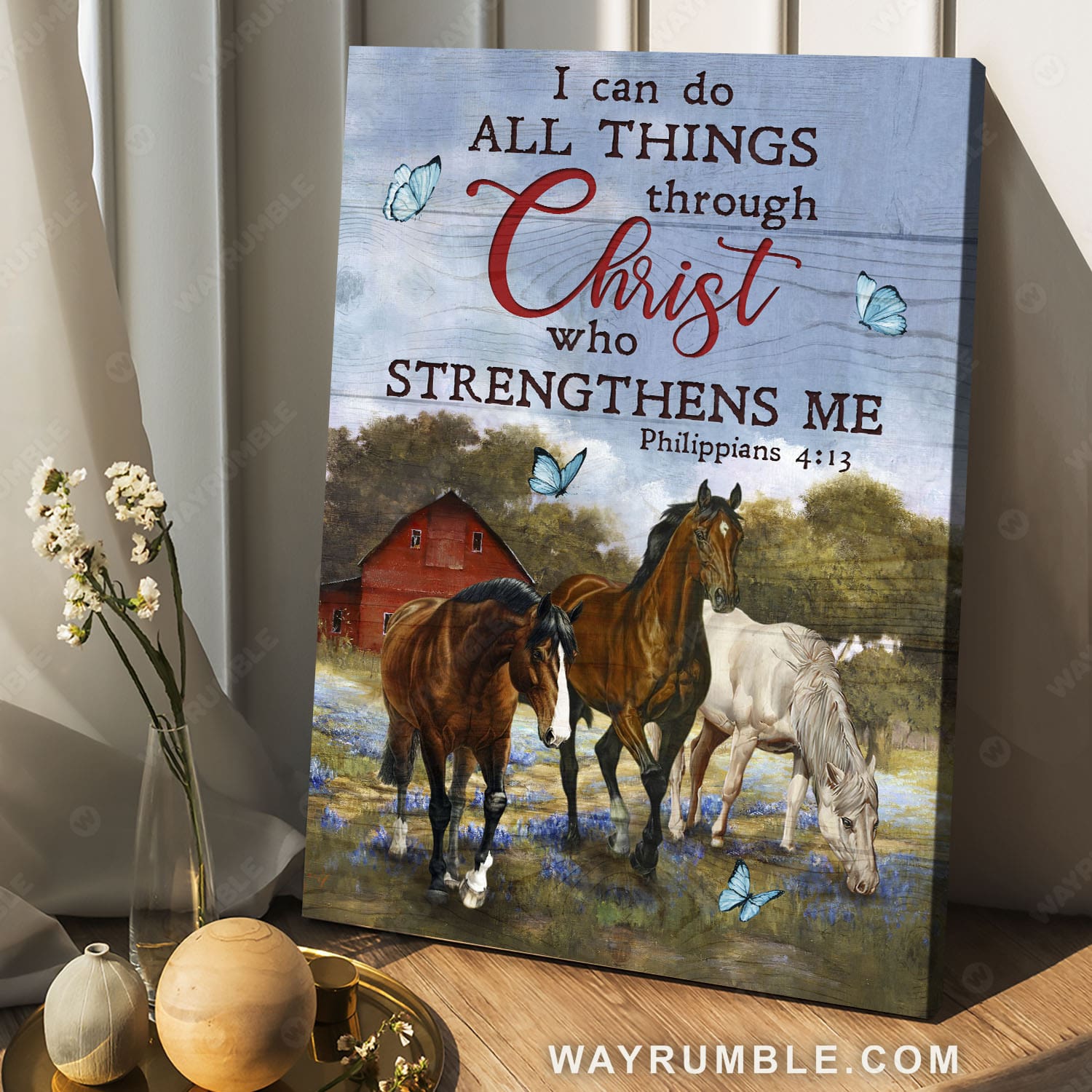 White horse, Lavender farm, Blue butterfly, I can do all things through Christ who strengthens me - Jesus Portrait Canvas Prints, Christian Wall Art