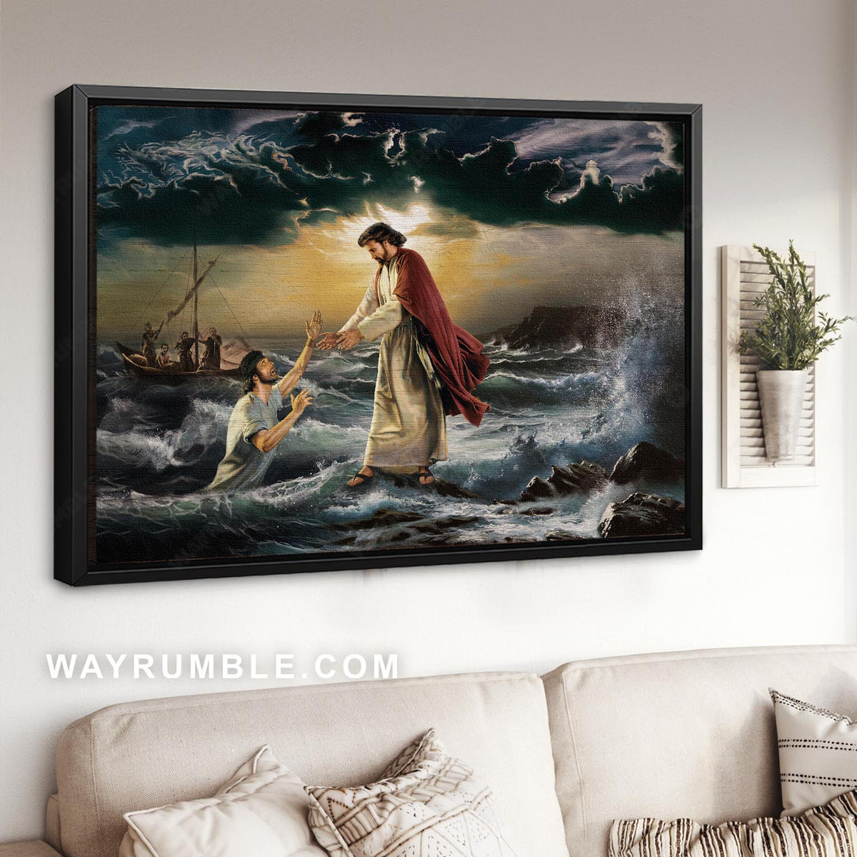 Jesus drawing, Strong storm ocean, God holds your hand - Jesus Landscape Canvas Prints, Christian Wall Art