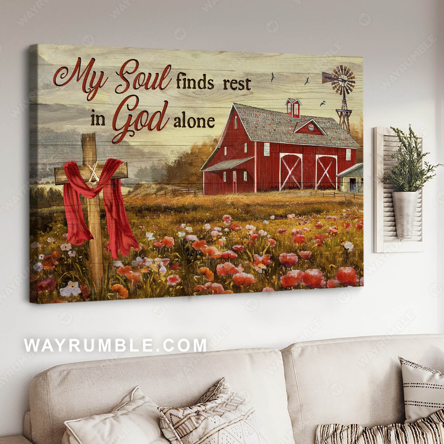Red barn house, Flower field, Countryside landscape, My soul finds rest in God alone - Jesus Landscape Canvas Prints, Christian Wall Art