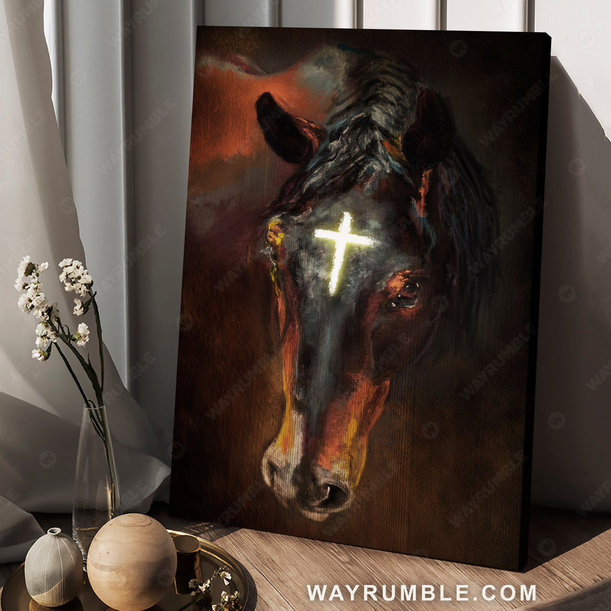 Black horse painting, Shinning cross, The Incredible horse - Jesus Portrait Canvas Prints, Christian Wall Art