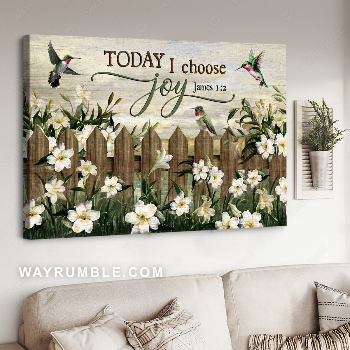 Lily flowers, Hummingbirds, Fence, Today I choose joy - Jesus Landscape Canvas Prints, Christian Wall Art
