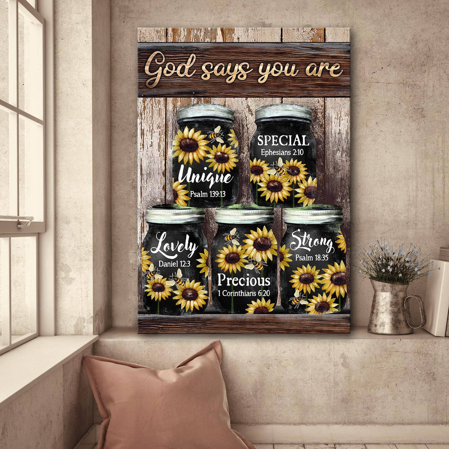 Sunflower Jars, Bees, God says you are - Jesus Portrait Canvas Prints, Wall Art