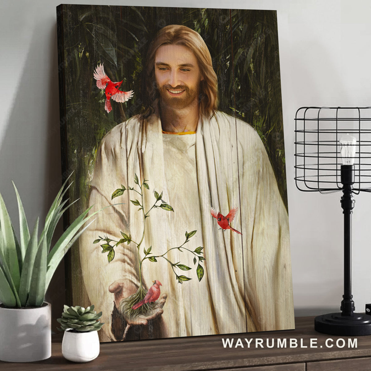 Jesus smile, Growing plant, Red cardinals - Jesus Portrait Canvas Prints, Christian Wall Art