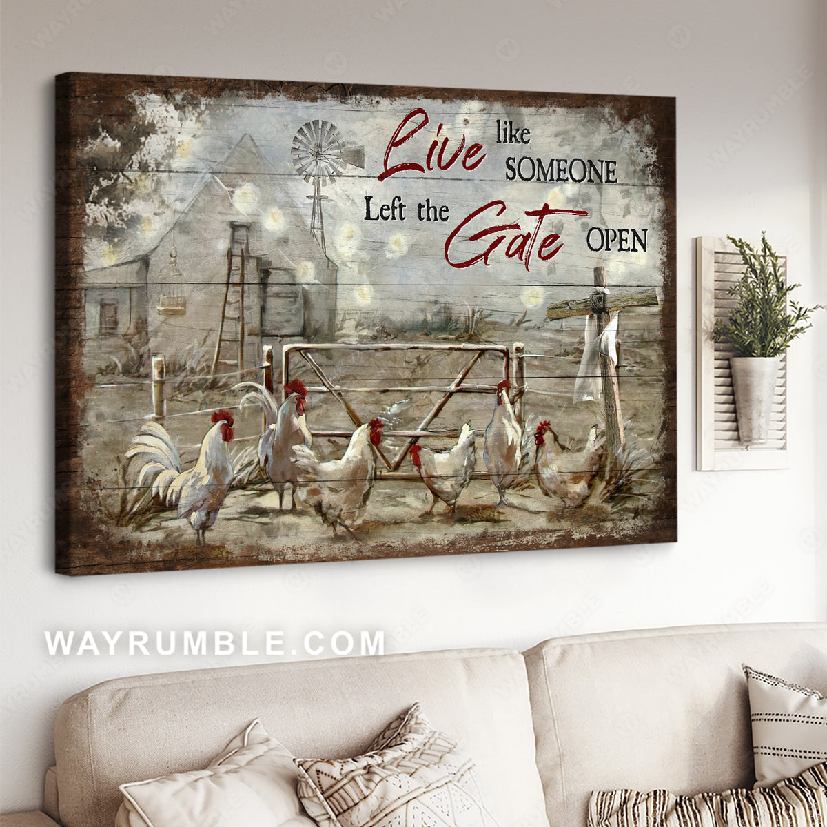 White rooster drawing, Peace farm, Live like someone left the gate open - Jesus Landscape Canvas Prints, Christian Wall Art