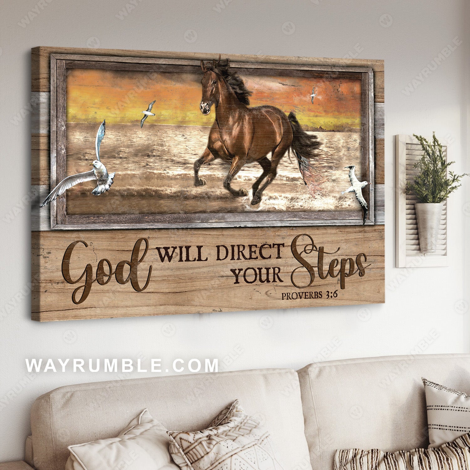 Brown horse, Unique beach painting, God will direct your steps - Jesus Landscape Canvas Prints, Christian Wall Art
