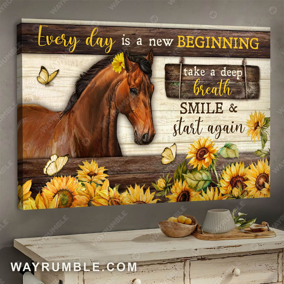 Horse painting, Yellow butterfly, Sunflower field, Every day is a new beginning - Jesus Landscape Canvas Prints, Wall Art