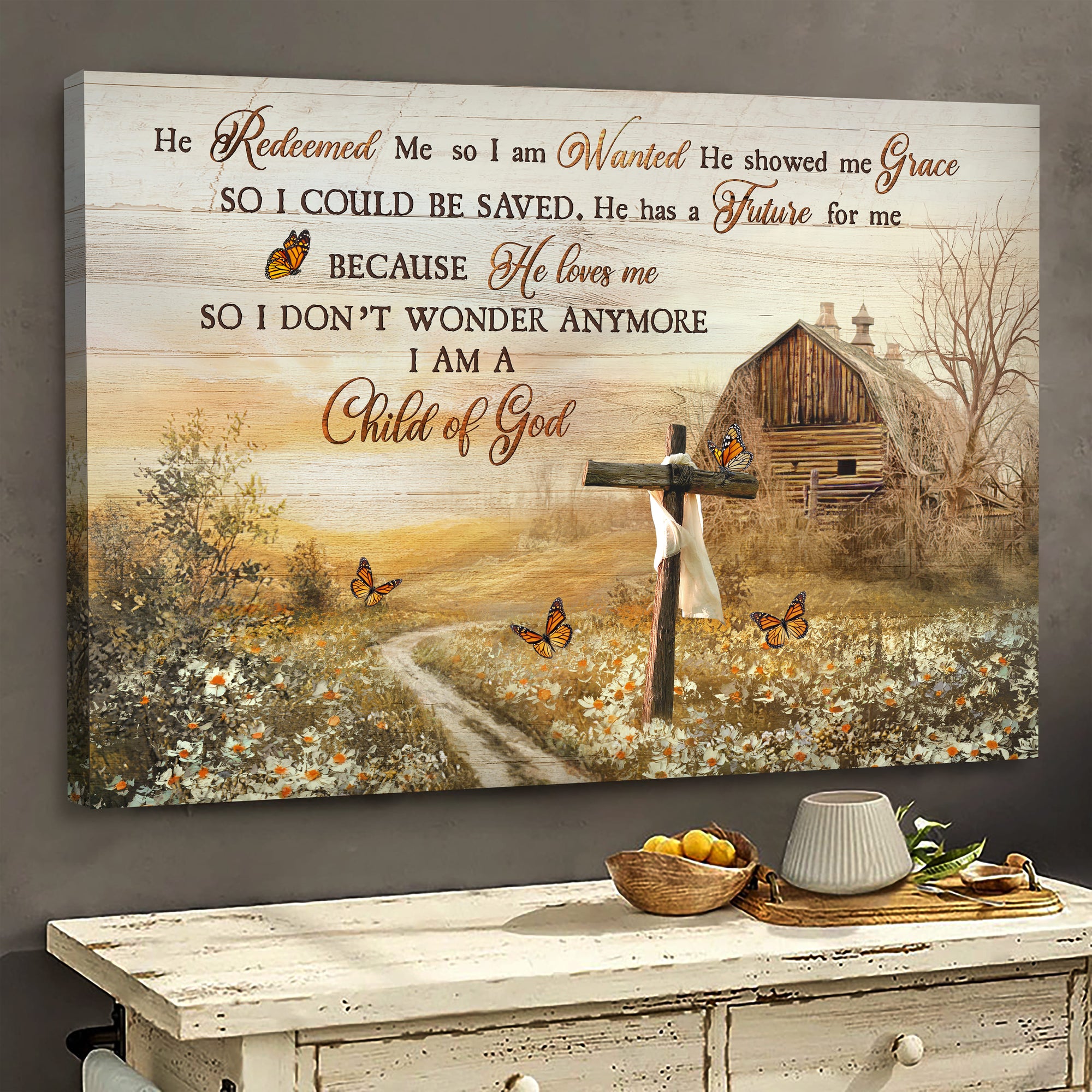 Jesus, Beautiful farm, old cross - He redeemed me Landscape Canvas Prints, Wall Art